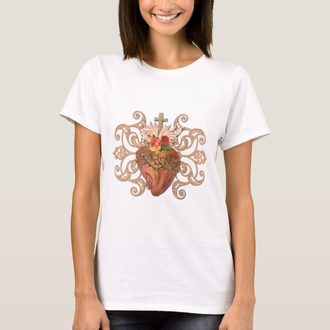 Elegant Sacred Heart Jesus Catholic Cross  T-Shirt (Front)