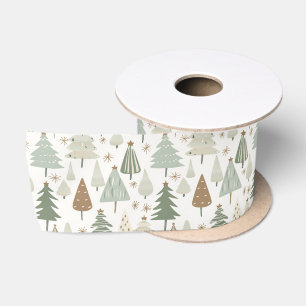 Elegant saga green Christmas Trees pattern Satin Ribbon