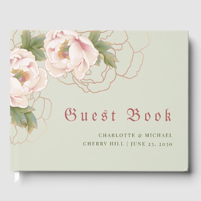 Elegant Sage and Blush Peony Floral Guest Book (Front)