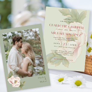 Elegant Sage and Blush Peony Floral Photo Wedding Invitation