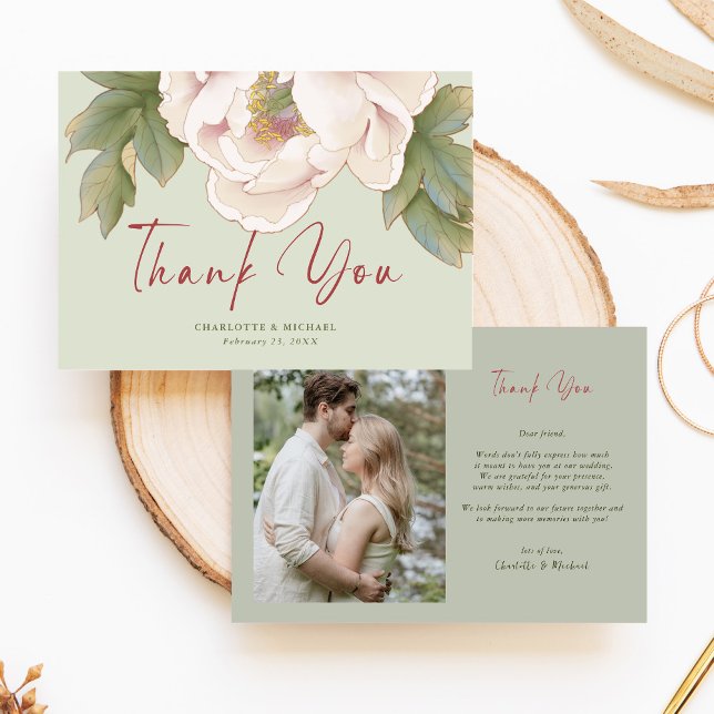 Elegant Sage and Blush Peony Flower Photo Wedding Thank You Card (Creator Uploaded)