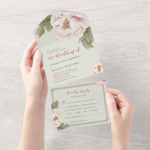 Elegant Sage and Blush Peony Rose Floral Wedding  All In One Invitation