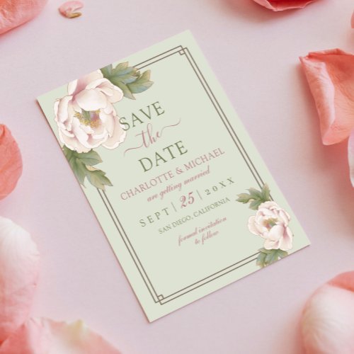 Elegant Sage and Blush Pink Peony Save the Date Postcard