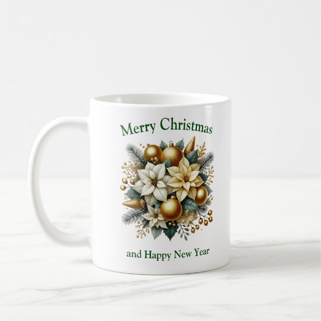 Elegant sage and gold Christmas white poinsettia Coffee Mug (Left)