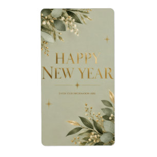 Elegant Sage and Gold Happy New Year Greeting Label
