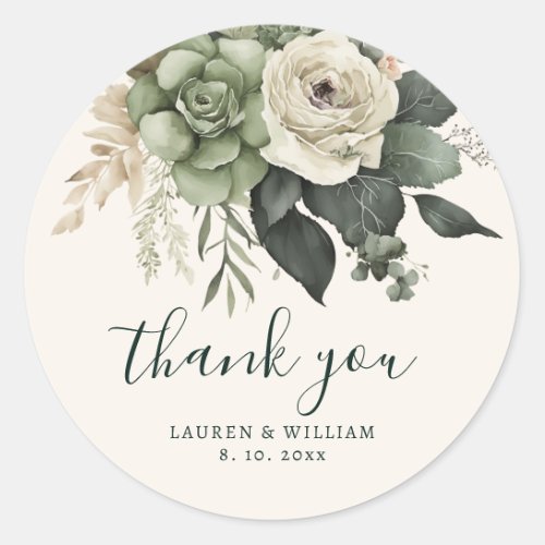 Elegant Sage and Ivory Floral Wedding Thank You Classic Round Sticker