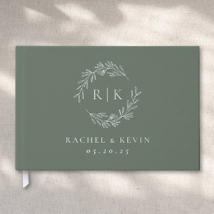 Elegant Sage and Silver Foliage Monogram Wedding Foil Guest Book