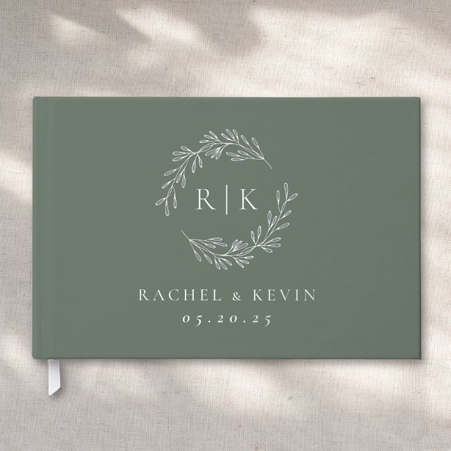 Elegant Sage and Silver Foliage Monogram Wedding Foil Guest Book (Creator Uploaded)