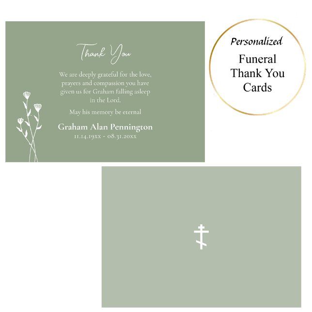 Elegant Sage and White Flowers Orthodox Funeral    Thank You Card (Creator Uploaded)