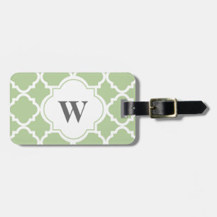 Elegant Sage and White Quatrefoil Monogram Luggage Tag