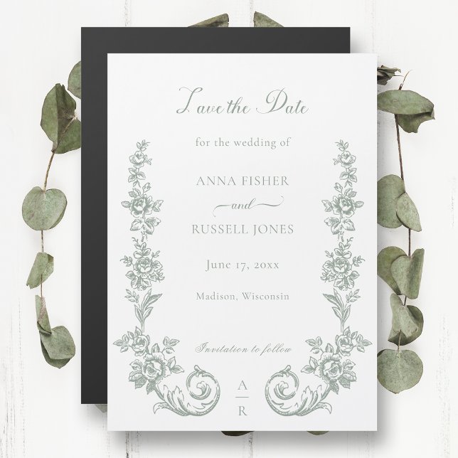 Elegant Sage Baroque Roses Save the Date Magnetic Invitation (Creator Uploaded)