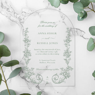Elegant Sage Baroque Roses Wedding Acrylic Invitations