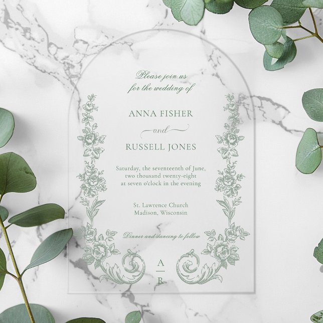 Elegant Sage Baroque Roses Wedding Acrylic Invitations (Creator Uploaded)