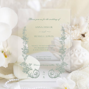 Elegant Sage Baroque Roses Wedding Vellum Invitations
