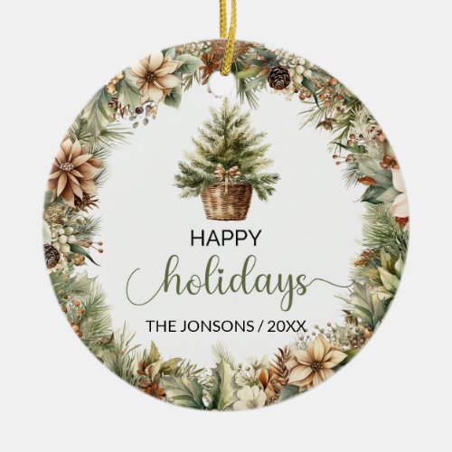 Elegant sage  beige watercolor Christmas wreath  Ceramic Ornament