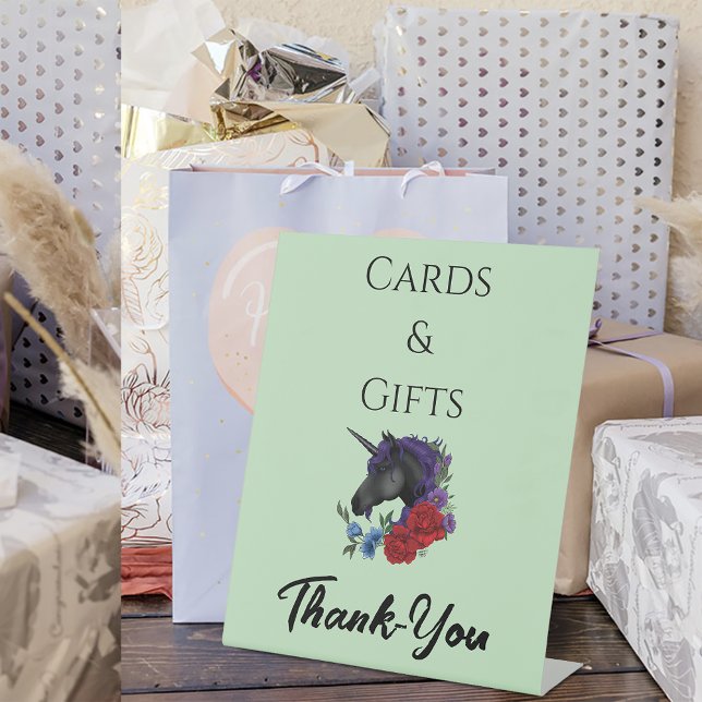 Elegant Sage Black Unicorn Floral Fantasy Gift Pedestal Sign (Creator Uploaded)