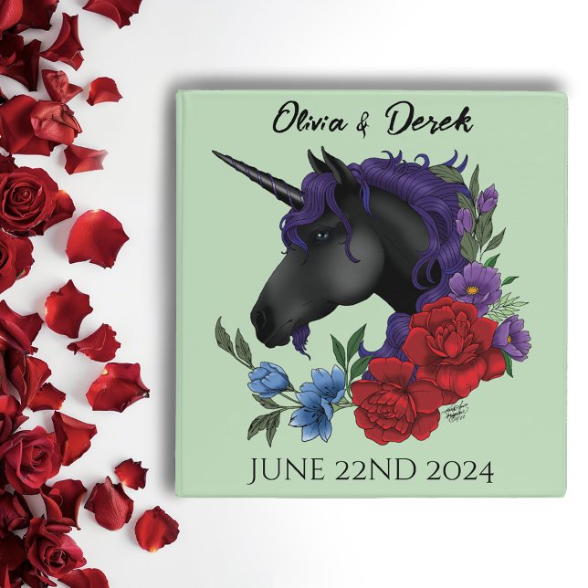 Elegant Sage Black Unicorn Floral Fantasy Wedding 3 Ring Binder (Creator Uploaded)