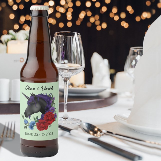 Elegant Sage Black Unicorn Floral Fantasy Wedding Beer Bottle Label (Creator Uploaded)