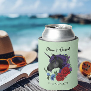 Elegant Sage Black Unicorn Floral Fantasy Wedding Can Cooler