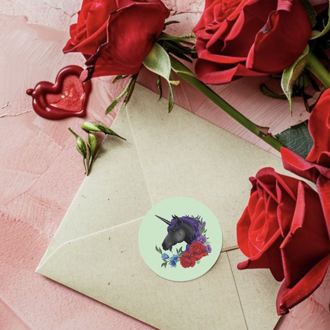 Elegant Sage Black Unicorn Floral Fantasy Wedding Classic Round Sticker (Creator Uploaded)