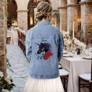 Elegant Sage Black Unicorn Floral Fantasy Wedding Denim Jacket
