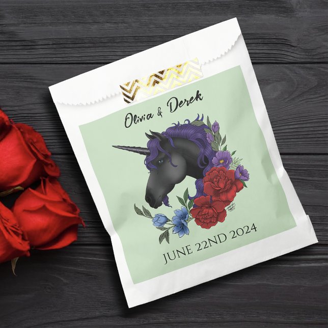 Elegant Sage Black Unicorn Floral Fantasy Wedding Favor Bag (Creator Uploaded)
