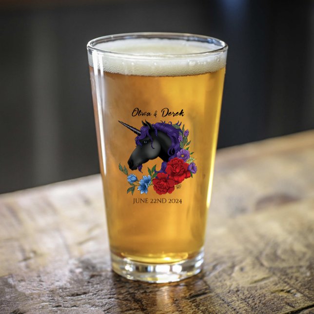 Elegant Sage Black Unicorn Floral Fantasy Wedding Glass (Creator Uploaded)