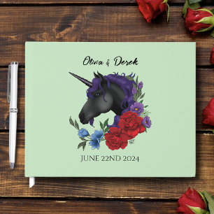 Elegant Sage Black Unicorn Floral Fantasy Wedding Guest Book