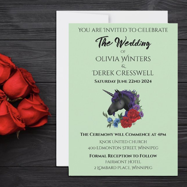 Elegant Sage Black Unicorn Floral Fantasy Wedding Invitation (Creator Uploaded)