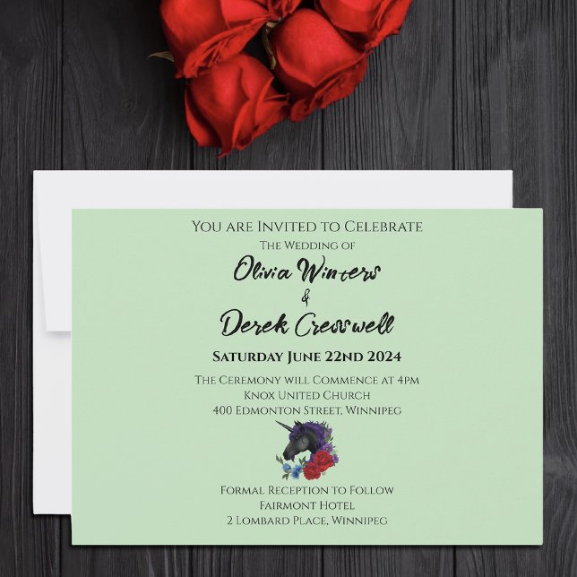 Elegant Sage Black Unicorn Floral Fantasy Wedding Invitation (Creator Uploaded)