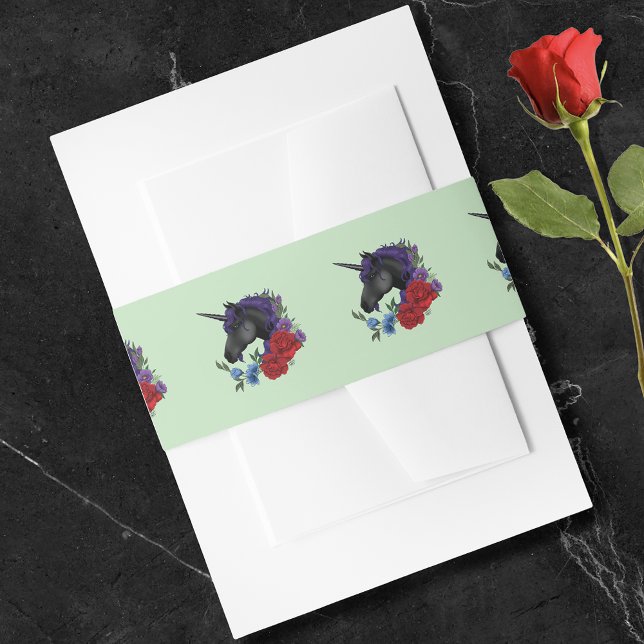 Elegant Sage Black Unicorn Floral Fantasy Wedding Invitation Belly Band (Creator Uploaded)