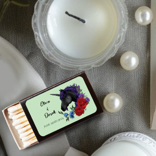 Elegant Sage Black Unicorn Floral Fantasy Wedding Matchboxes