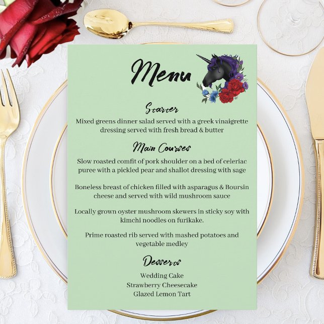 Elegant Sage Black Unicorn Floral Fantasy Wedding Menu (Creator Uploaded)