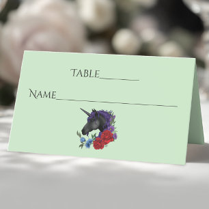 Elegant Sage Black Unicorn Floral Fantasy Wedding Place Card