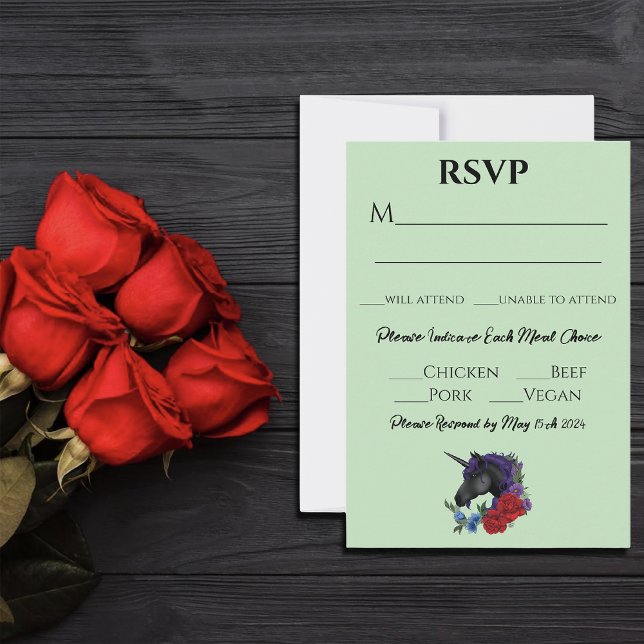 Elegant Sage Black Unicorn Floral Fantasy Wedding RSVP Card (Creator Uploaded)