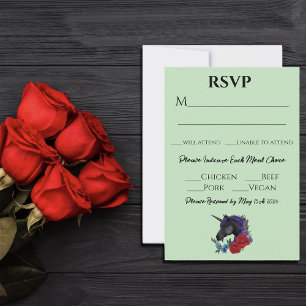 Elegant Sage Black Unicorn Floral Fantasy Wedding RSVP Card