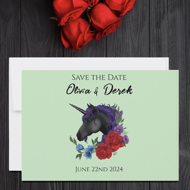 Elegant Sage Black Unicorn Floral Fantasy Wedding Save The Date (Creator Uploaded)