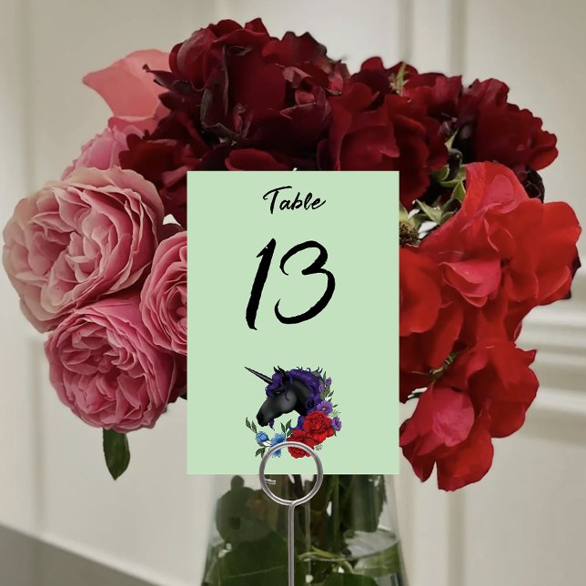 Elegant Sage Black Unicorn Floral Fantasy Wedding Table Number (Creator Uploaded)