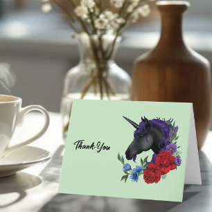 Elegant Sage Black Unicorn Floral Fantasy Wedding Thank You Card