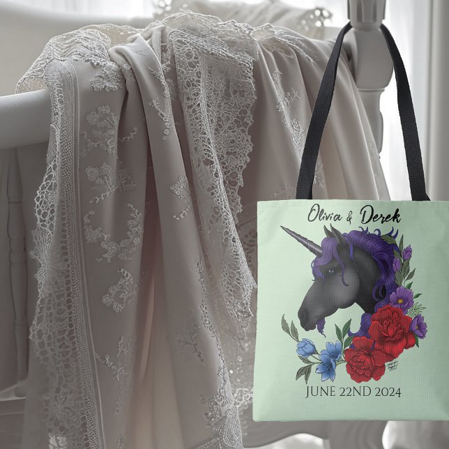 Elegant Sage Black Unicorn Floral Fantasy Wedding Tote Bag (Creator Uploaded)