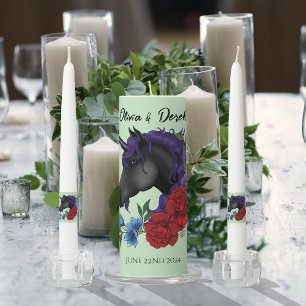 Elegant Sage Black Unicorn Floral Fantasy Wedding Unity Candle Set