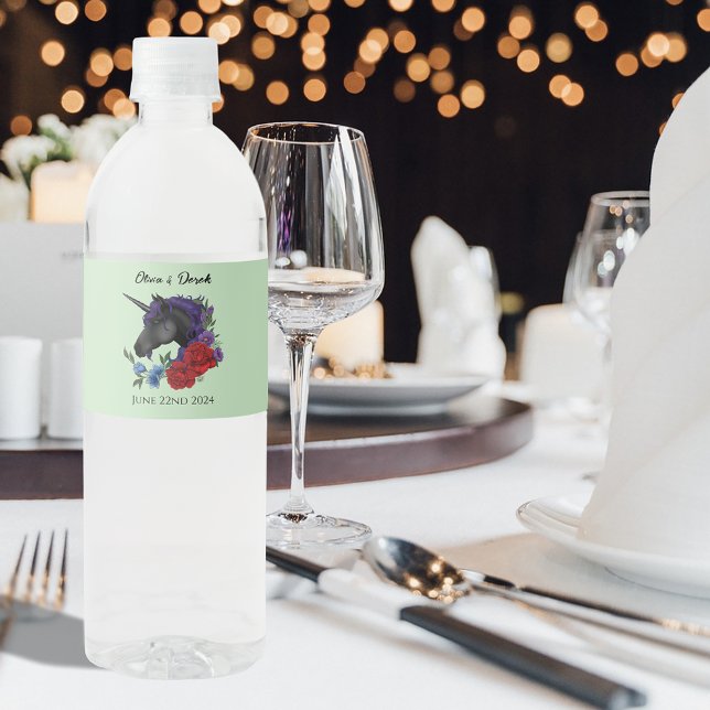 Elegant Sage Black Unicorn Floral Fantasy Wedding Water Bottle Label (Creator Uploaded)
