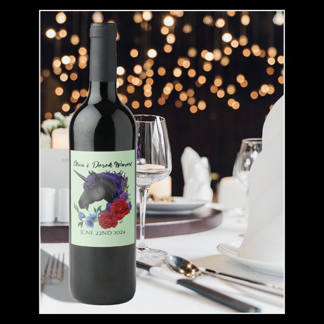 Elegant Sage Black Unicorn Floral Fantasy Wedding Wine Label (Creator Uploaded)