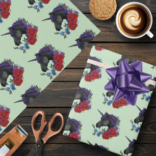 Elegant Sage Black Unicorn Floral Fantasy Wedding Wrapping Paper