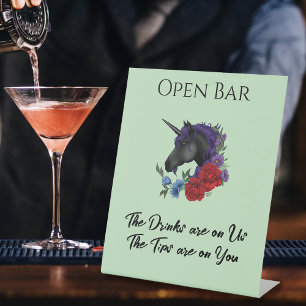 Elegant Sage Black Unicorn Floral Open Bar Pedestal Sign