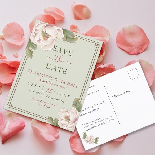 Elegant Sage  Blush Peony Floral Save the Date Postcard