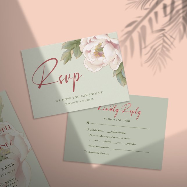 Elegant Sage & Blush Peony Floral Wedding RSVP Invitation (Creator Uploaded)