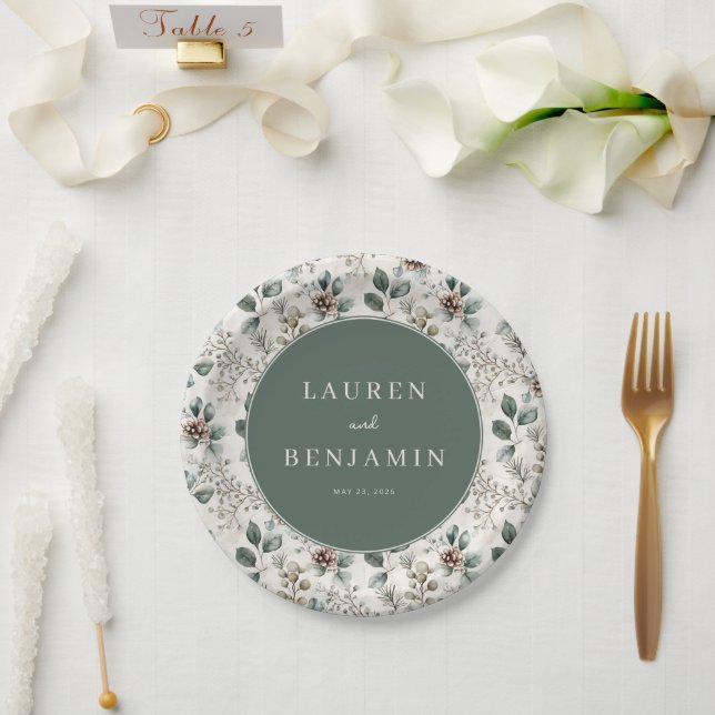 Elegant Sage Botanical Paper Plates (Wedding)