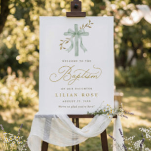 Elegant Sage Bow Cross Baptism Welcome Foam Board
