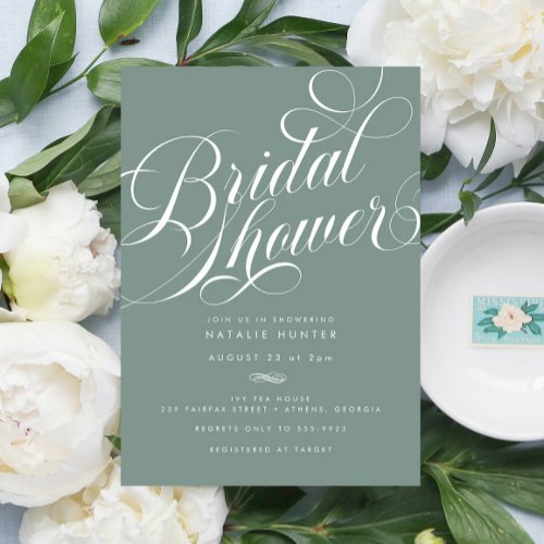 Elegant Sage Calligraphy Green Bridal Shower Invitation